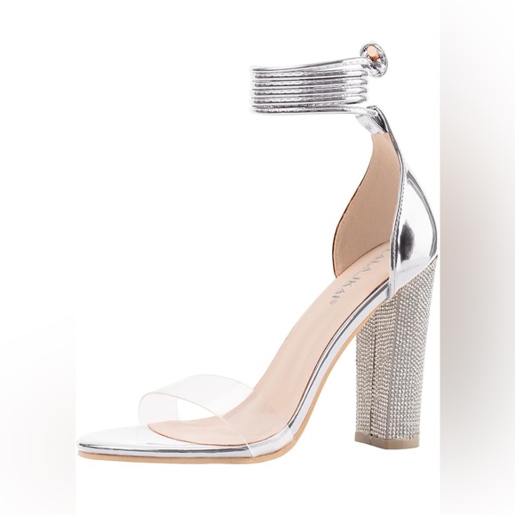 Women's Chunky High Rhinestone Heeled White Silver wrap Tie Heels - Picture 4 of 5